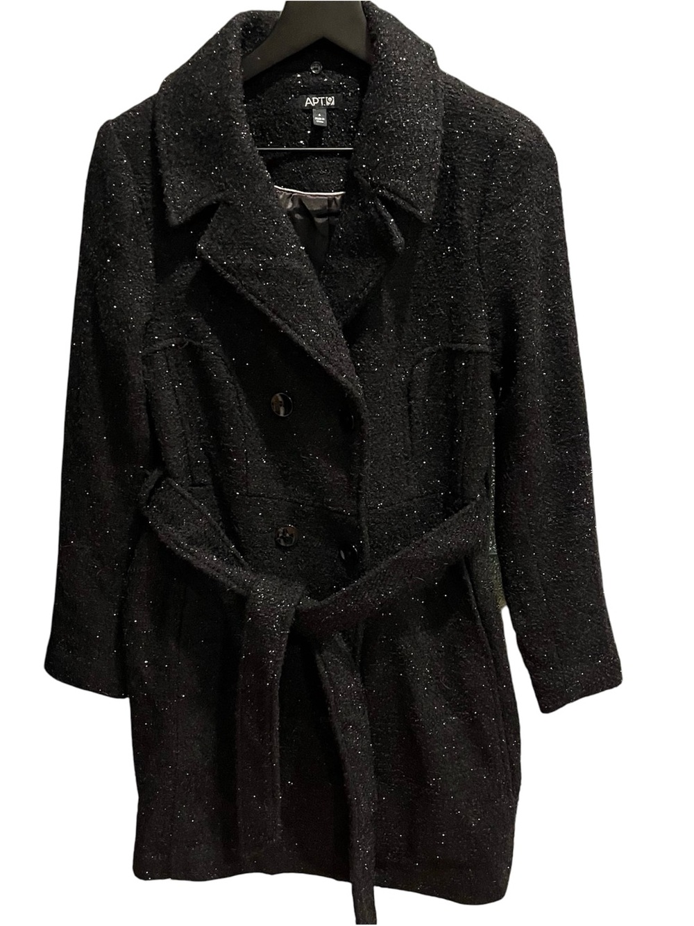 Apt. 9 Women’s Black Metallic Wool Blend Belted Buttoned Trench Coat Size 4